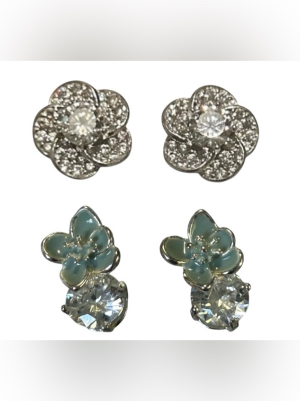FLOWER EARRINGS SILVER TONE STUDS FAUX DIAMONDS (TWO PAIRS)